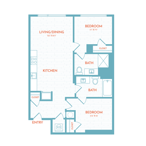 Floor plan for 2 beds, 2 baths, 836 sqft